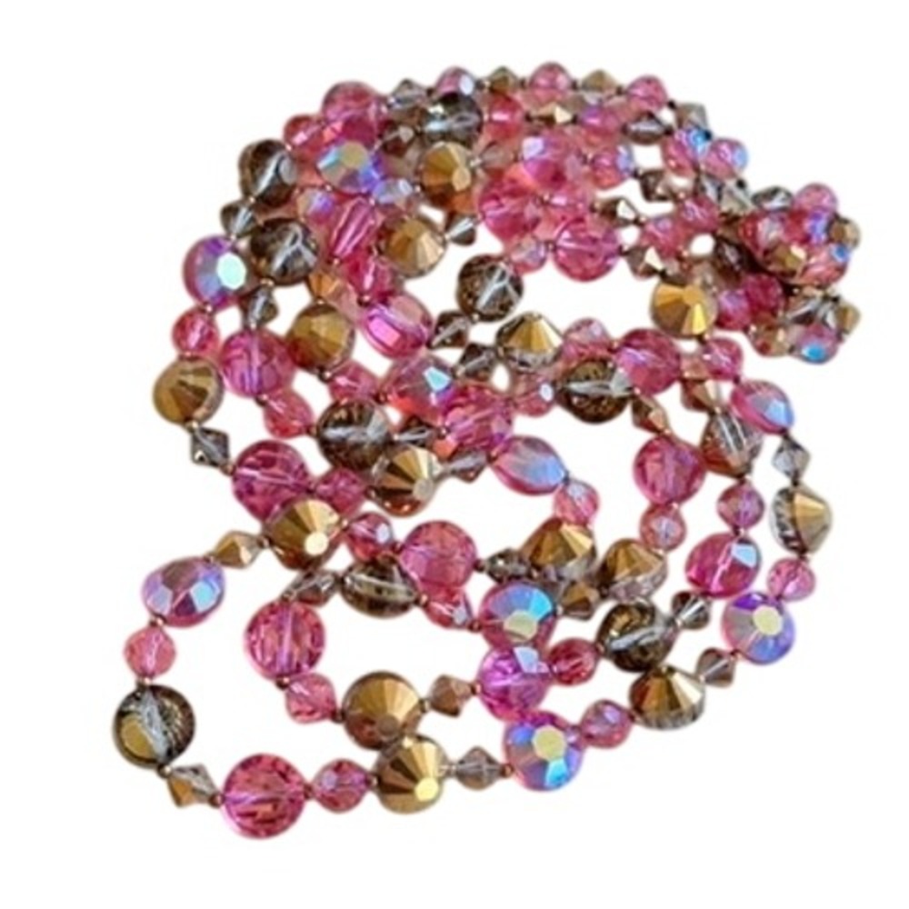 Pink Gold Crystal Beaded Necklace Aurora Borealis Double Strand Multi VTG 1960s